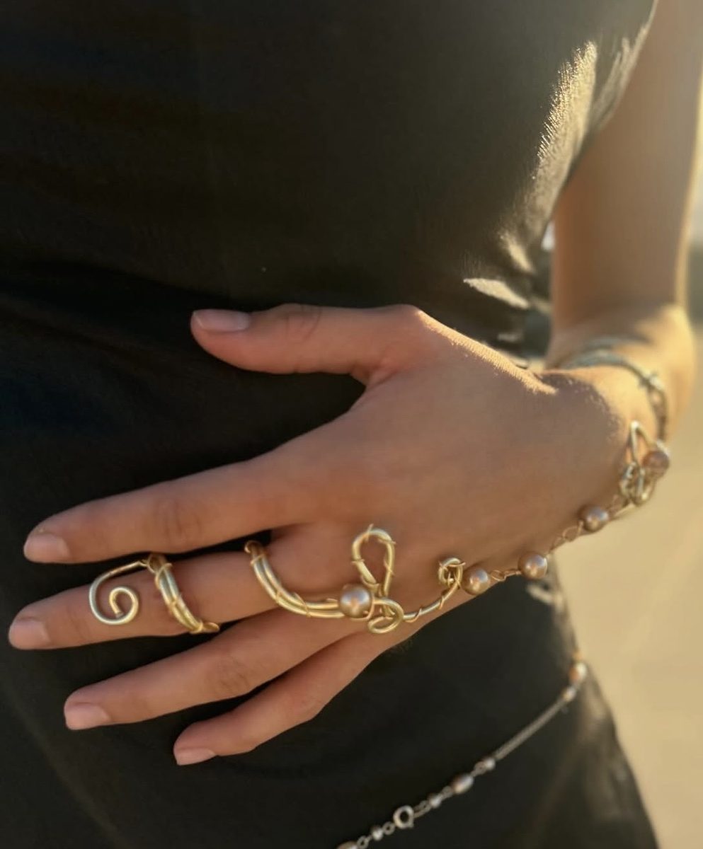 Gold Pearl Hand Chain Ring