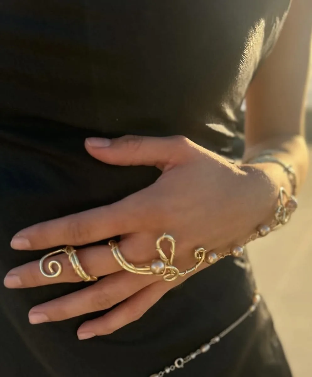 Gold Pearl Hand Chain Ring